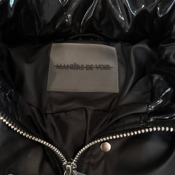 Maniere De Voir Matte & High Shine Belted Puffer Jacket Size 6 Black Mid Length - Picture 5 of 14